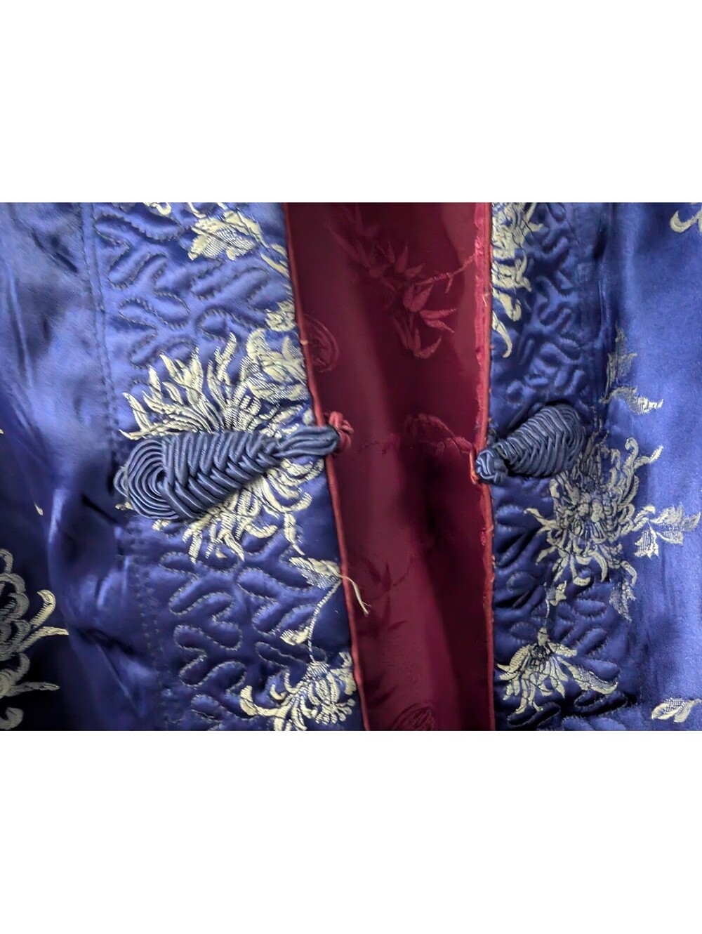 Vintage Blue Satin Floral Embroidered Jacket with Maroon Lining - Picture 2 of 10